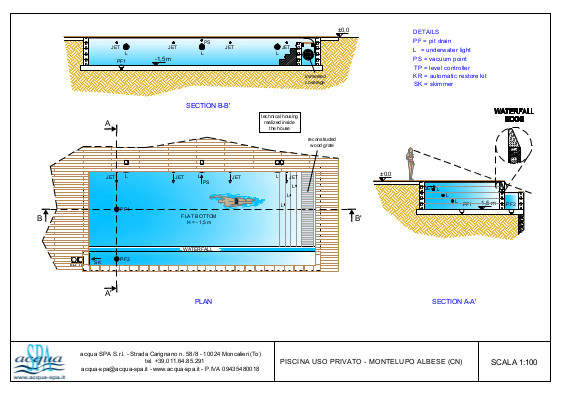 piscina interrata isoblok, forma classica, cascata infinity, scala tropezienne, deck, piscina realizzata a Montelupo, progetto Acqua SPA®
